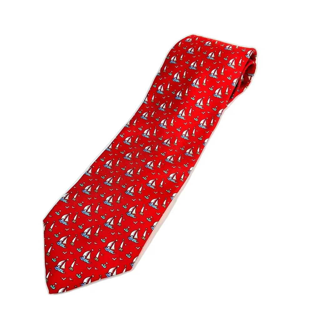 Jos. A. Bank Men's Bright Red Blue Nautical Sailboat Print 100% Silk Tie